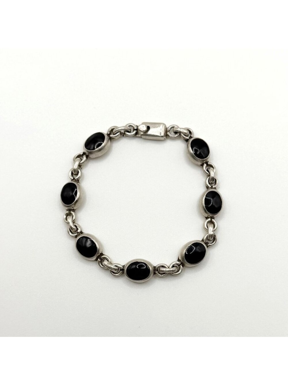 Vintage 925 Sterling Silver Black Onyx Oval Link Bracelet 7" Artisan Crafted